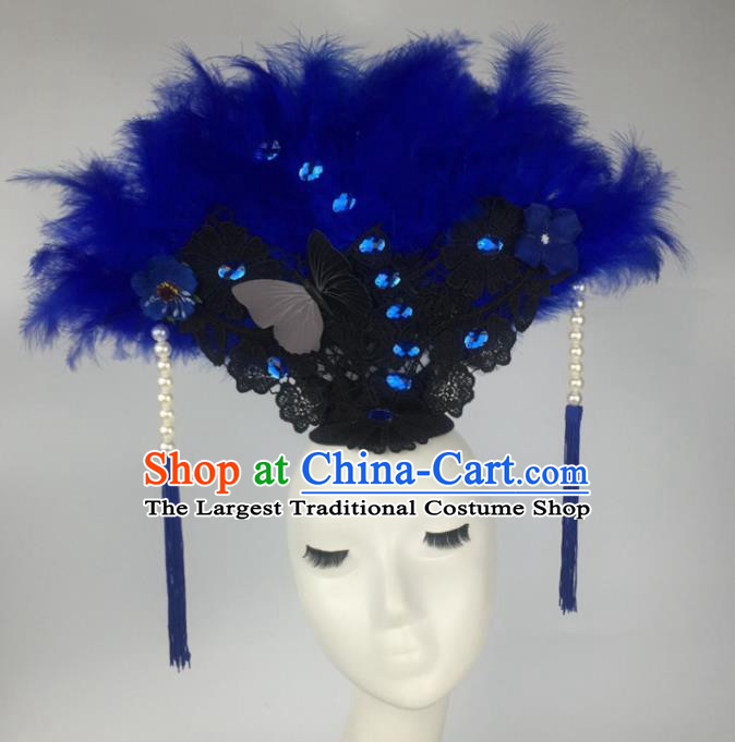 Top Grade Catwalks Hair Accessories Halloween Brazilian Carnival Blue Feather Headdress for Women