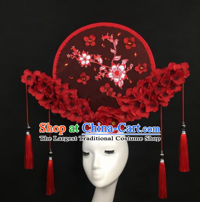 Chinese Traditional Exaggerated Palace Headdress Catwalks Embroidered Red Flowers Hair Accessories for Women