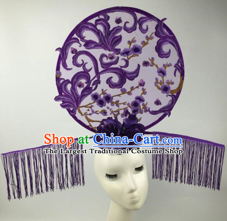 Chinese Traditional Exaggerated Palace Headdress Catwalks Embroidered Purple Wintersweet Hair Accessories for Women