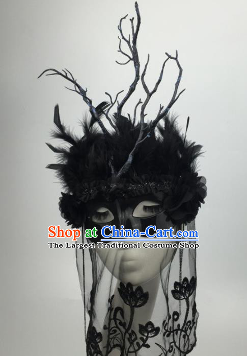Halloween Exaggerated Accessories Catwalks Black Feather Masks for Women