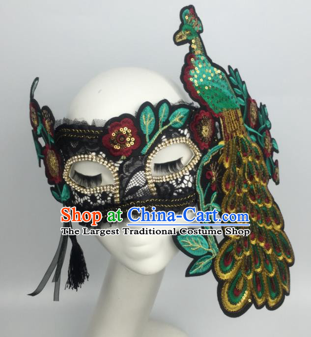 Halloween Exaggerated Accessories Catwalks Green Embroidered Peacock Masks for Women