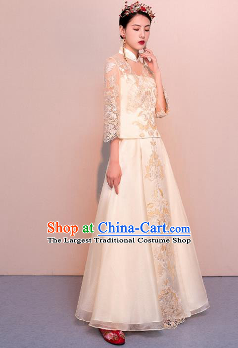 Chinese Traditional Wedding Dress Ancient Bride Embroidered Champagne Xiuhe Suits for Women