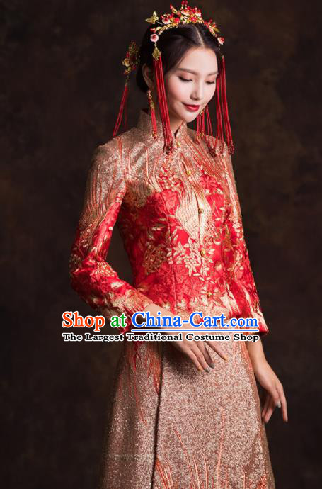 Chinese Traditional Golden Phoenix Xiuhe Suits Ancient Bride Embroidered Wedding Dress for Women
