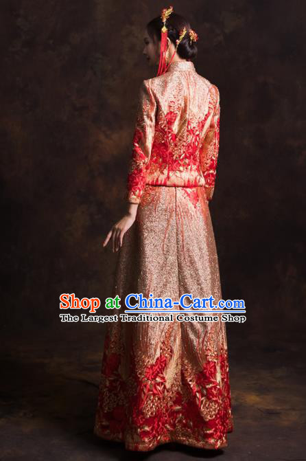 Chinese Traditional Golden Phoenix Xiuhe Suits Ancient Bride Embroidered Wedding Dress for Women