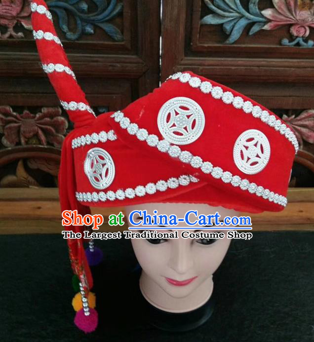 Chinese Traditional National Red Hat Ethnic Yi Nationality Hat for Men