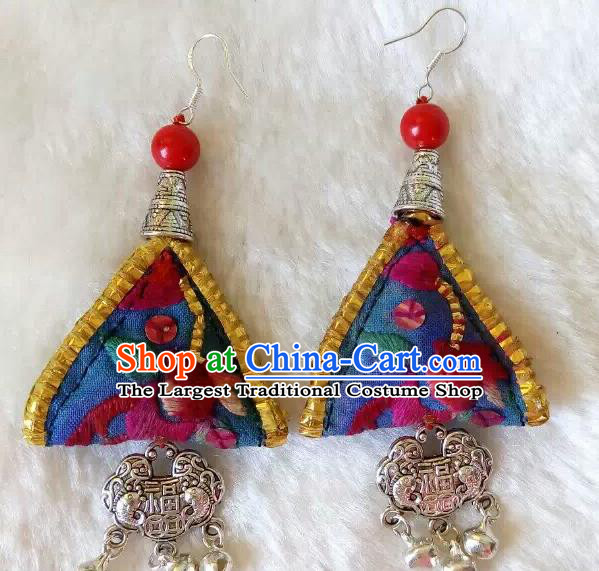 Chinese Traditional National Ear Accessories Ethnic Embroidered Blue Earrings for Women