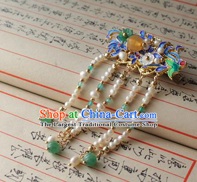 Asian Chinese Traditional Hanfu Hair Accessories Pearls Tassel Hair Sticks Ancient Palace Blueing Hairpins for Women