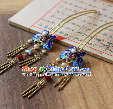 Asian Chinese Traditional Hanfu Cloisonne Tassel Hair Clip Ancient Palace Hairpins for Women