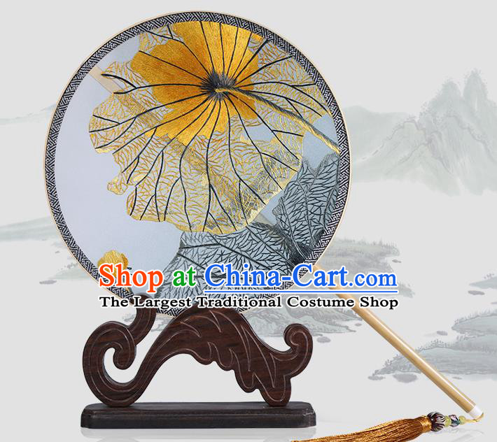 Traditional Chinese Crafts Palace Fans Embroidered Lotus Leaf Round Fans Ancient Silk Fan for Women