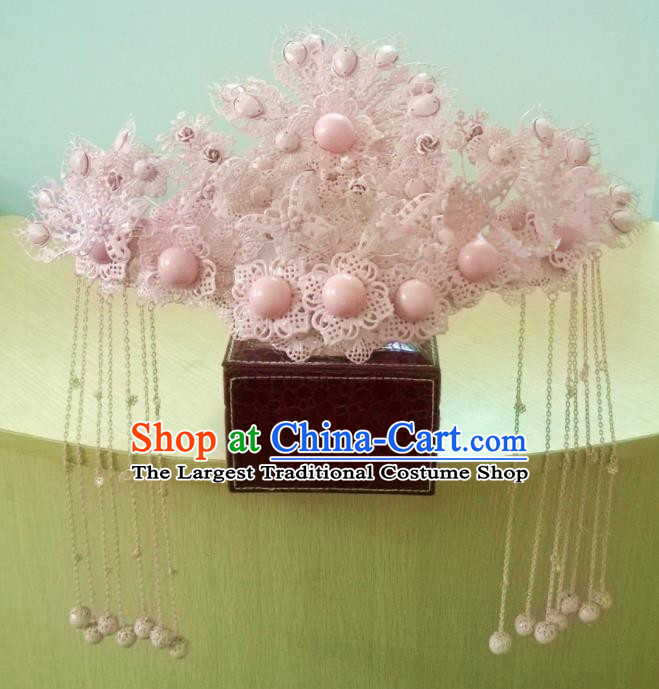 Chinese Classical Wedding Hair Accessories Traditional Ancient Bride Pink Phoenix Coronet for Women