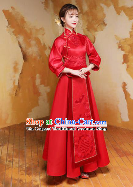 Traditional Chinese Wedding Costumes Ancient Bride Embroidered Red Dress for Women