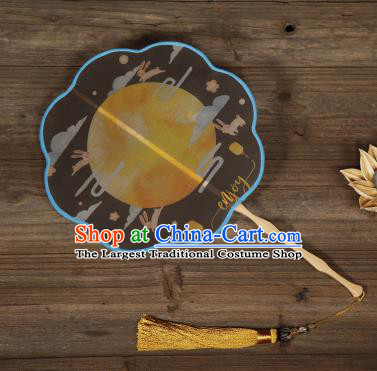 Traditional Chinese Crafts Palace Fans Hand Painting Moon Fans Ancient Black Silk Fan for Women