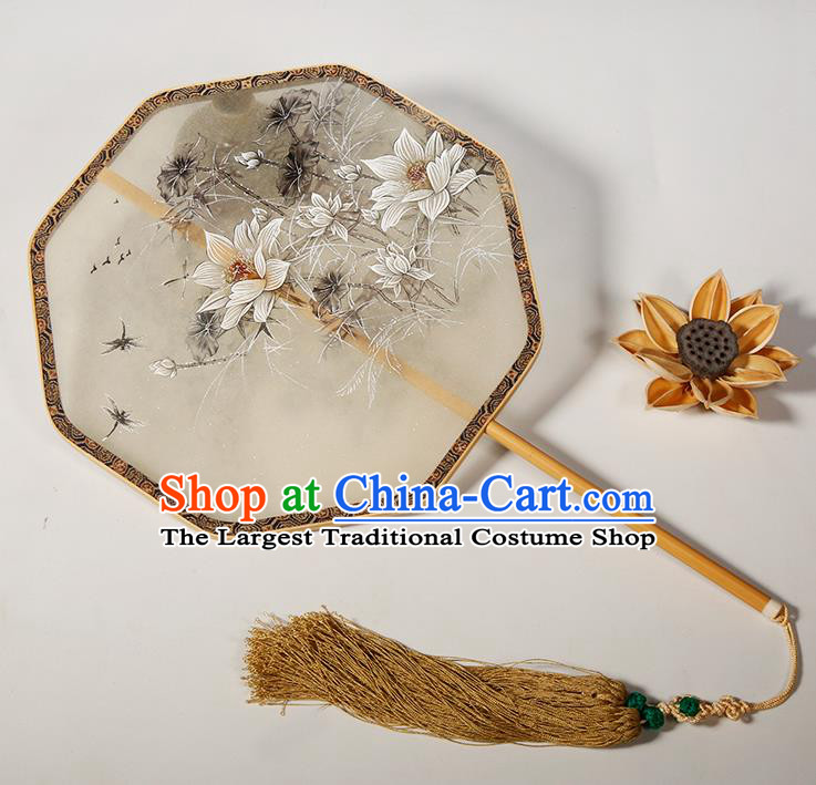 Chinese Traditional Hanfu Palace Fans Painting Lotus Fans Ancient Silk Round Fan for Women