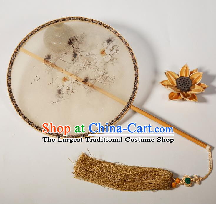 Chinese Traditional Hanfu Palace Fans Hand Painting Lotus Fans Ancient Silk Round Fan for Women