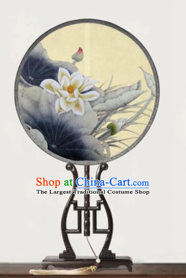 Chinese Traditional Palace Fans Redwood Round Fans Ancient Hanfu Printing Lotus Silk Fan for Women