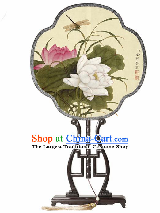 Chinese Traditional Palace Fans Redwood Fans Ancient Hanfu Printing Lotus Silk Fan for Women