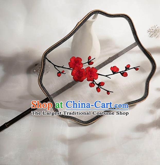 Chinese Traditional Palace Fans Hanfu Embroidered Red Wintersweet Round Fans Ancient Silk Fan for Women