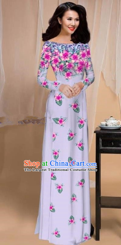 Asian Vietnam Traditional Printing Flowers Light Purple Cheongsam Vietnamese Classical Ao Dai Qipao Dress for Women