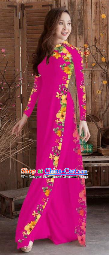 Asian Vietnam Traditional Printing Cheongsam Vietnamese Rosy Ao Dai Qipao Dress for Women
