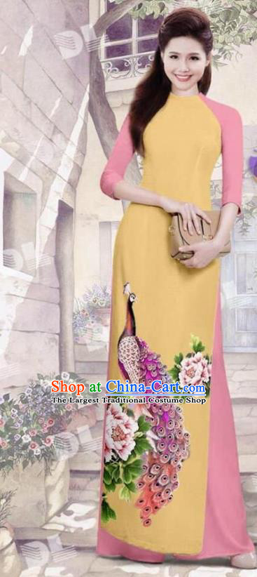 Asian Vietnam Traditional Yellow Cheongsam Vietnamese Printing Peacock Ao Dai Qipao Dress for Women
