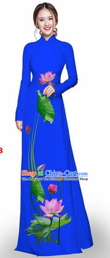 Asian Vietnam Traditional Royalblue Cheongsam Vietnamese Printing Lotus Ao Dai Qipao Dress for Women