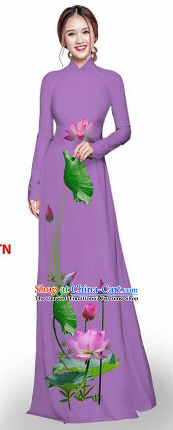 Asian Vietnam Traditional Light Purple Cheongsam Vietnamese Printing Lotus Ao Dai Qipao Dress for Women