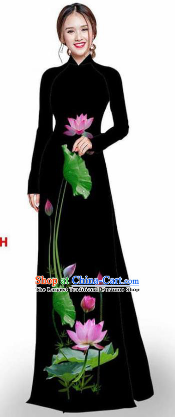 Asian Vietnam Traditional Black Cheongsam Vietnamese Printing Lotus Ao Dai Qipao Dress for Women