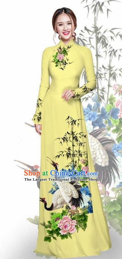 Asian Vietnam Traditional Printing Crane Peony Light Yellow Cheongsam Vietnamese Ao Dai Qipao Dress for Women