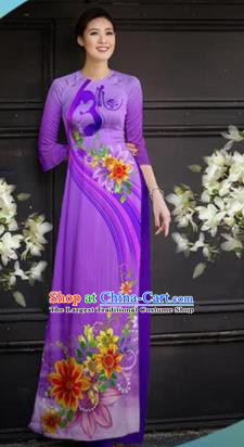 Asian Vietnam Traditional Printing Purple Cheongsam Vietnamese Ao Dai Qipao Dress for Women