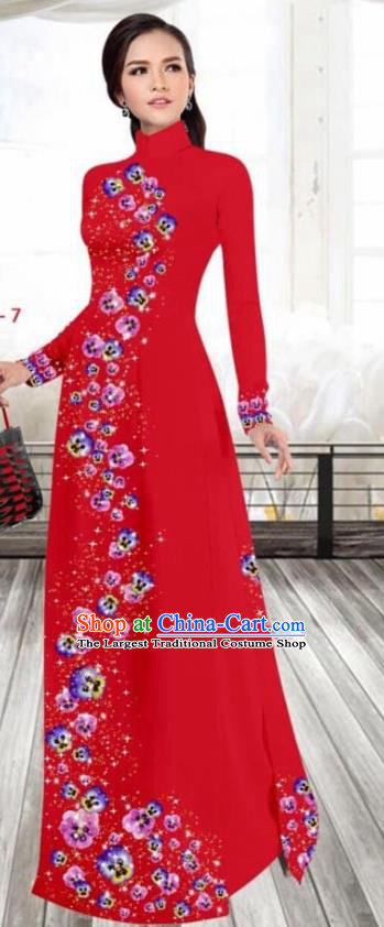 Asian Vietnam Traditional Female Costume Vietnamese Printing Red Cheongsam Ao Dai Qipao Dress for Women