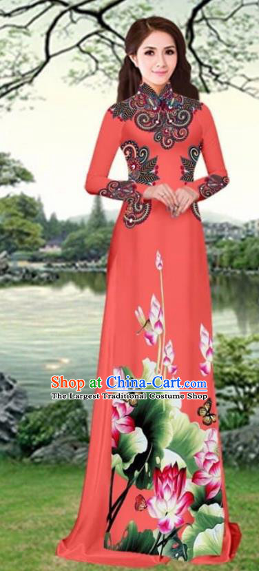 Asian Traditional Vietnam Female Costume Vietnamese Printing Lotus Watermelon Red Cheongsam Ao Dai Qipao Dress for Women
