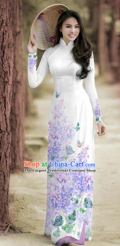 Asian Traditional Vietnam Female Costume Vietnamese Bride Cheongsam White Ao Dai Qipao Dress for Women