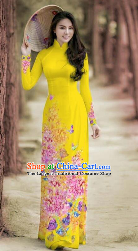 Asian Traditional Vietnam Female Costume Vietnamese Bride Cheongsam Bright Yellow Ao Dai Qipao Dress for Women