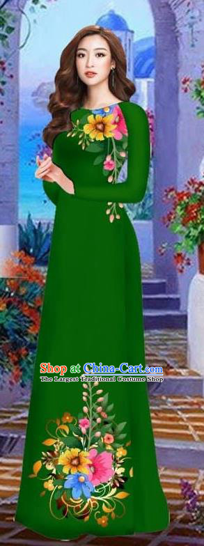 Asian Vietnam Traditional Female Costume Vietnamese Green Cheongsam Printing Ao Dai Qipao Dress for Women