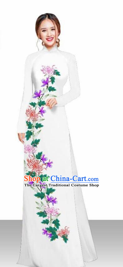 Asian Vietnam Traditional Female Costume Vietnamese Printing Chrysanthemum White Ao Dai Qipao Dress for Women