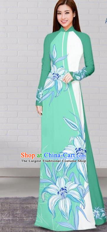 Asian Traditional Vietnam Costume Vietnamese Bride Green Cheongsam Ao Dai Qipao Dress for Women