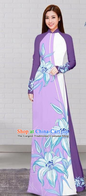 Asian Traditional Vietnam Costume Vietnamese Bride Purple Cheongsam Ao Dai Qipao Dress for Women