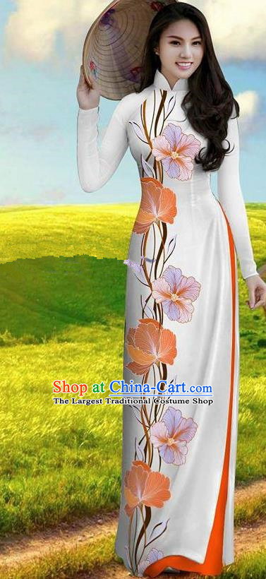 Vietnam Traditional Bride Costume White Qipao Dress Vietnamese Printing Morning Glory Ao Dai Cheongsam for Women