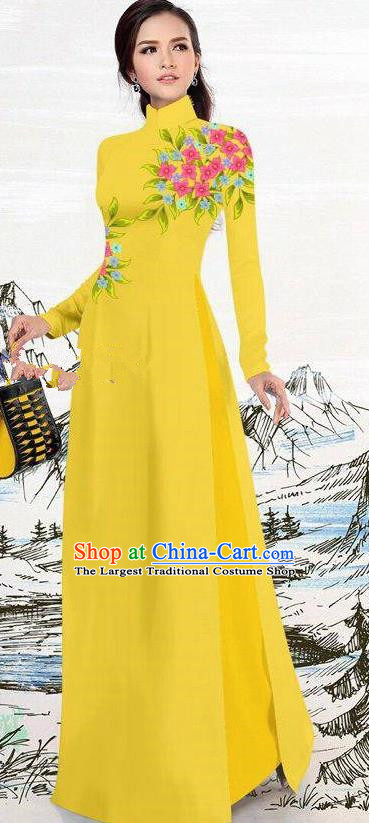 Asian Traditional Vietnam Female Costume Vietnamese Yellow Ao Dai Cheongsam for Women