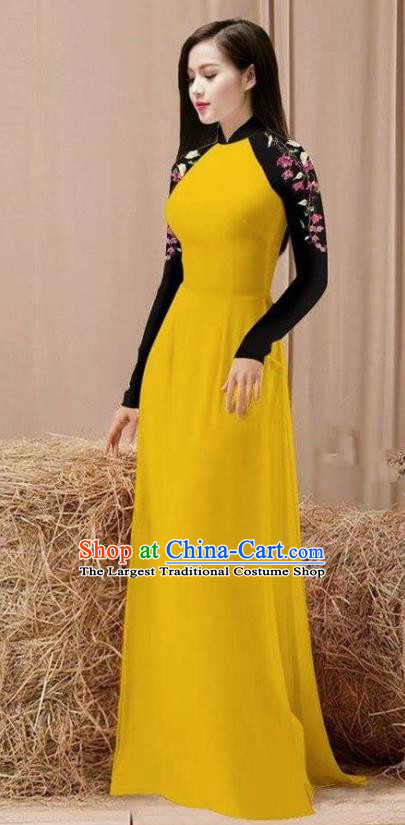 Vietnam Traditional Costume Yellow Ao Dai Qipao Dress Vietnamese Cheongsam for Women