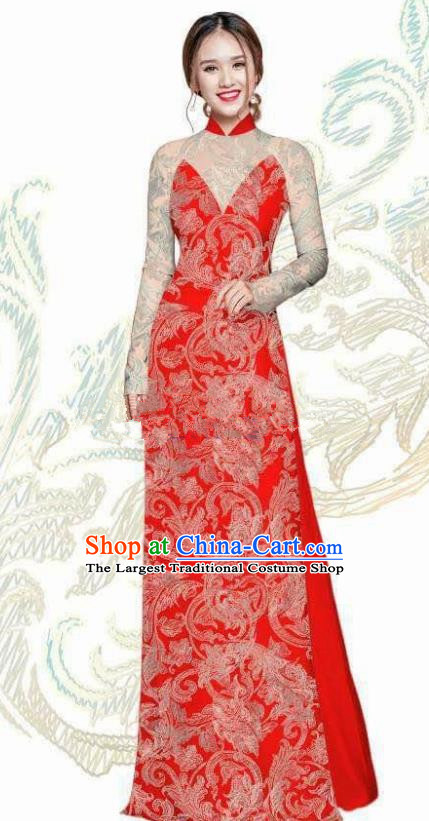 Vietnam Traditional Bride Costume Vietnamese Red Ao Dai Qipao Dress Cheongsam for Women