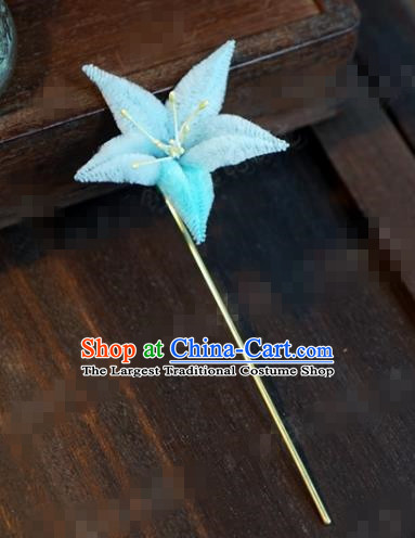 Chinese Ancient Queen Hair Clip Wedding Bride Headdress Blue Velvet Flower Hairpins for Women