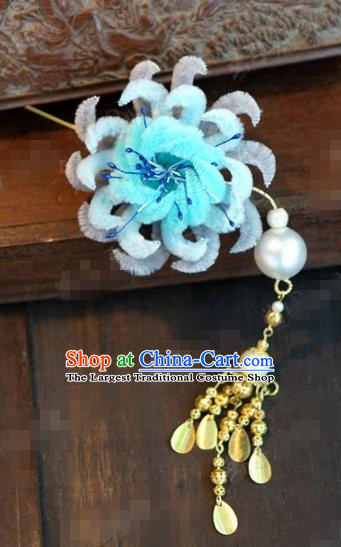 Chinese Ancient Queen Blue Velvet Chrysanthemum Hair Clip Wedding Bride Headdress Hairpins for Women
