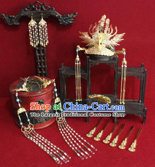 Chinese Ancient Queen Hair Accessories Tang Dynasty Empress Phoenix Coronet Hairpins Complete Set for Women