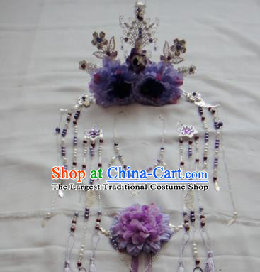 Chinese Traditional Classical Hair Accessories Ancient Princess Purple Flowers Phoenix Coronet Hairpins for Women