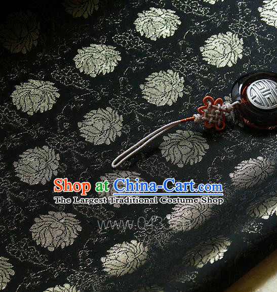 Traditional Asian Classical Lotus Pattern Cloth Drapery Black Brocade Korean Hanbok Palace Satin Silk Fabric