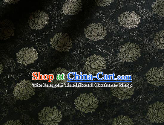 Traditional Asian Classical Lotus Pattern Cloth Drapery Black Brocade Korean Hanbok Palace Satin Silk Fabric