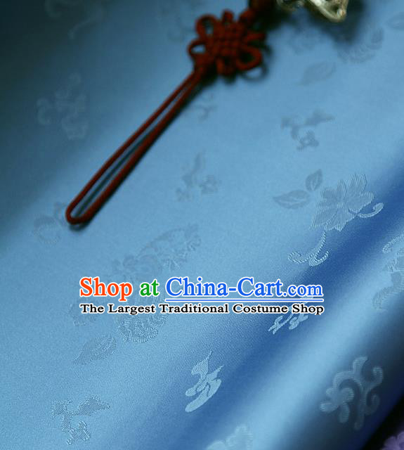 Traditional Asian Classical Chrysanthemum Pattern Blue Brocade Cloth Drapery Korean Hanbok Palace Satin Silk Fabric