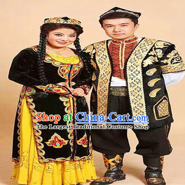 Chinese Ethnic Minority Folk Dance Embroidered Dress Traditional Uyghur Nationality Bride and Bridegroom Costumes
