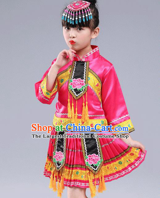 Chinese Traditional Miao Nationality Folk Dance Pink Pleated Skirt Ethnic Dance Embroidered Costumes for Kids